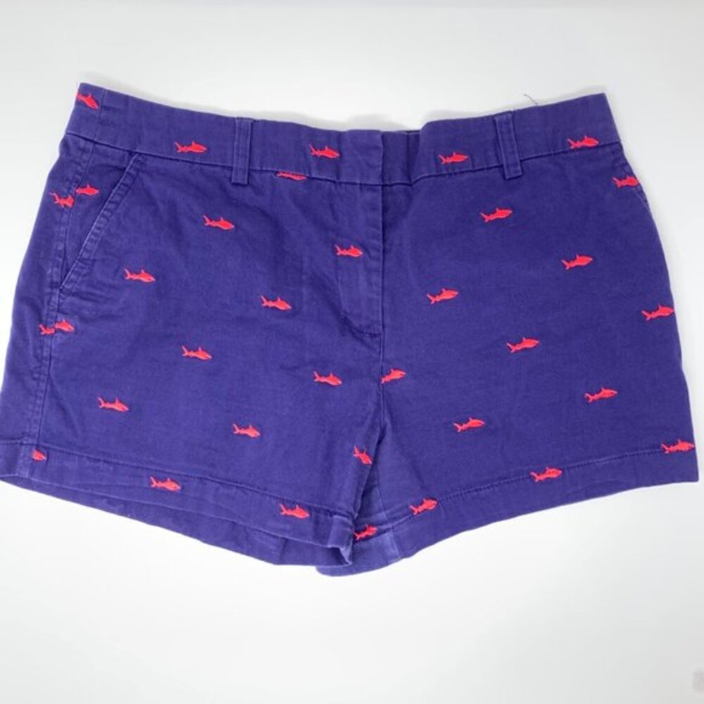 British Khaki Navy Blue with Pink Sharks Flat Front Women's‎ Chino Shorts Size 8